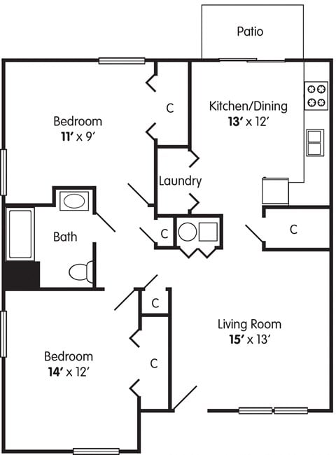 Floor plan for 2 beds, 1 bath
